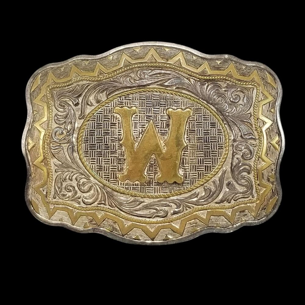Vintage Crumrine Silver Belt Buckle Letter W Western Monogram Heavy Silver Plate